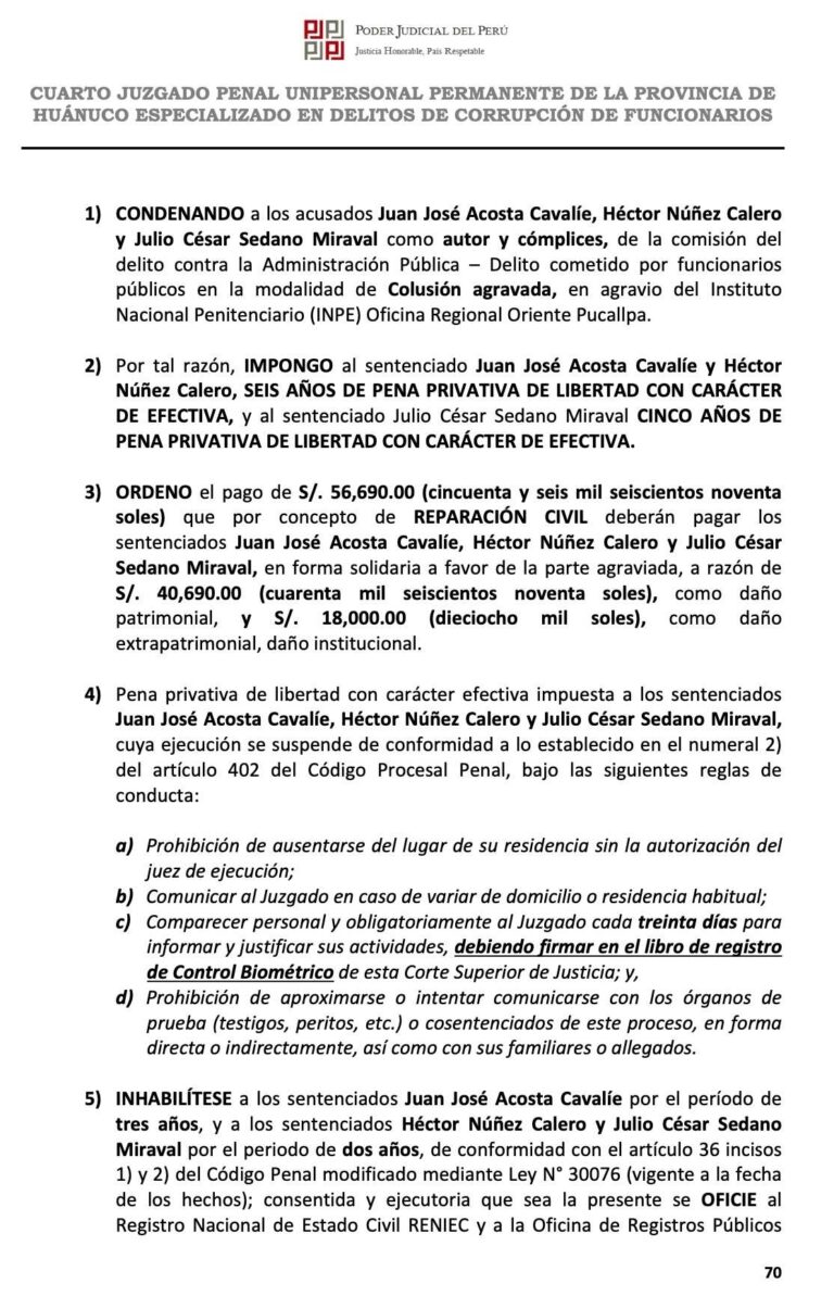 Juzgado condena a tres funcionarios por colusión agravada en pago de S/90 mil por servicio eléctrico incompleto en penal de Huánuco